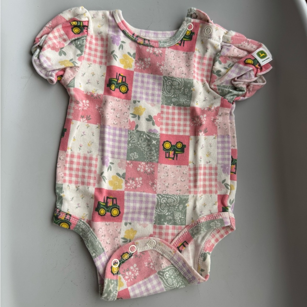 John Deere Pink Patchwork Tractor Bodysuit with Green Accents